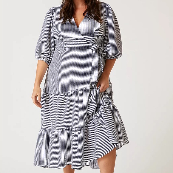 New Hutch x Anthropologie V-Neck Tiered Lemon Wrap XS Yellow White V-Neck Midi - Picture 6 of 8